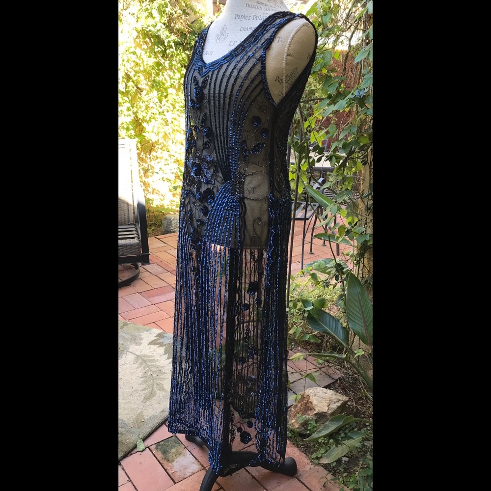 🎉HP🎉 European Flapper Dress 20’s Gatsby Mesh Sequins Sapphire Onyx Color… - Picture 7 of 12